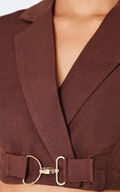 Chocolate Tailored Woven Buckle Detail Cropped Blazer