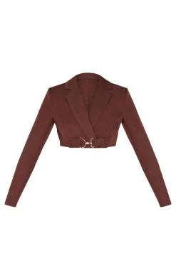 Chocolate Tailored Woven Buckle Detail Cropped Blazer