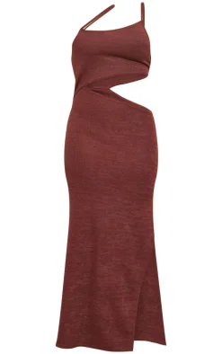 Chocolate Textured Asymmetric Strappy Cut Out Midaxi Dress