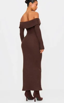 Chocolate Textured Bardot Belt Detail Maxi Dress
