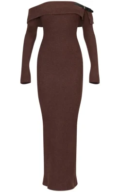 Chocolate Textured Bardot Belt Detail Maxi Dress