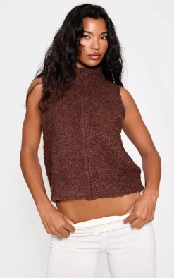 Chocolate Textured Bobble Knit Zip Up Vest