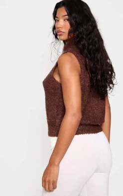 Chocolate Textured Bobble Knit Zip Up Vest