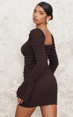 Chocolate Textured Flare Sleeve Bodycon Dress