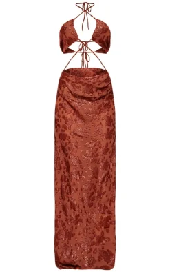 Chocolate Textured Floral Chiffon Cross Front Maxi Dress