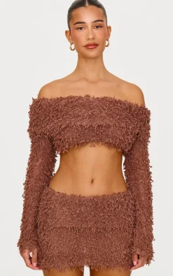 Chocolate Textured Fold Over Bardot Long Sleeve Crop Top