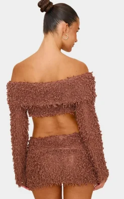 Chocolate Textured Fold Over Bardot Long Sleeve Crop Top