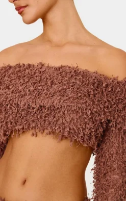 Chocolate Textured Fold Over Bardot Long Sleeve Crop Top