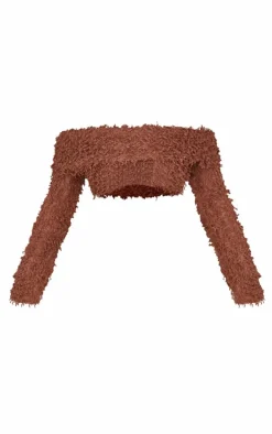 Chocolate Textured Fold Over Bardot Long Sleeve Crop Top