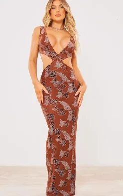 Chocolate Textured Glitter Velvet Devore Cut Out Plunge Maxi Dress