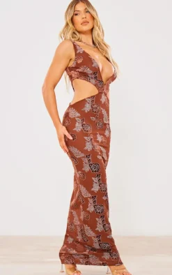 Chocolate Textured Glitter Velvet Devore Cut Out Plunge Maxi Dress