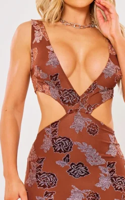 Chocolate Textured Glitter Velvet Devore Cut Out Plunge Maxi Dress