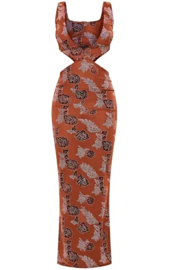 Chocolate Textured Glitter Velvet Devore Cut Out Plunge Maxi Dress