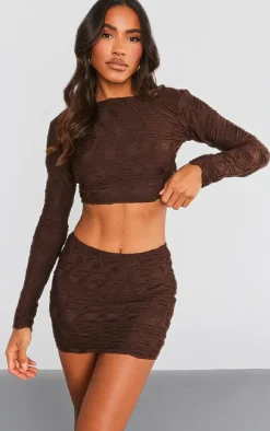 Chocolate Textured Jersey Long Sleeve Backless Top