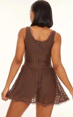 Chocolate Textured Lace Corset Detail Floaty Romper