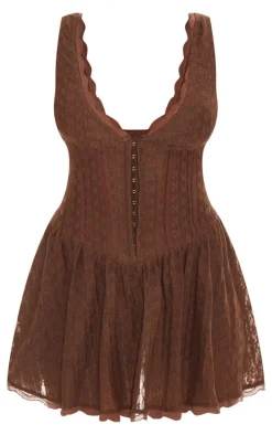 Chocolate Textured Lace Corset Detail Floaty Romper