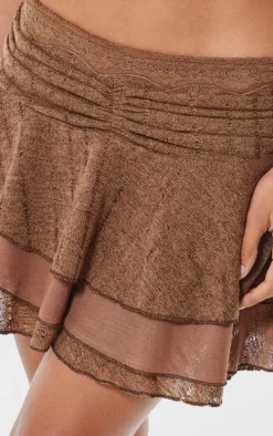 Chocolate Textured Lace Ruched Detailing Mini Skirt