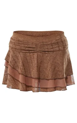 Chocolate Textured Lace Ruched Detailing Mini Skirt