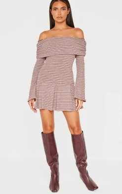 Chocolate Textured Monochrome Bardot Flared Sleeve Shift Dress