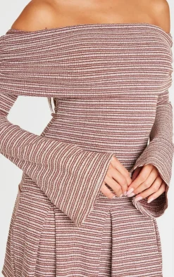 Chocolate Textured Monochrome Bardot Flared Sleeve Shift Dress