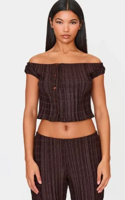 Chocolate Textured Off The Shoulder Button Long Top
