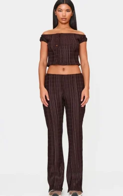 Chocolate Textured Off The Shoulder Button Long Top