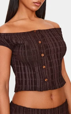 Chocolate Textured Off The Shoulder Button Long Top