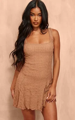 Chocolate Textured Pleated Strappy Shift Dress