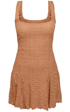 Chocolate Textured Pleated Strappy Shift Dress