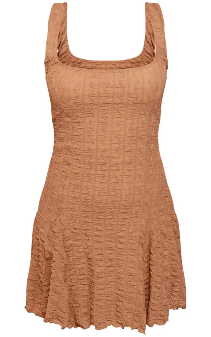 Chocolate Textured Pleated Strappy Shift Dress