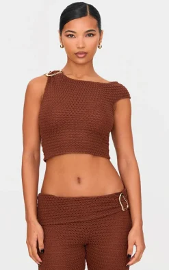 Chocolate Textured Trim Detail Off The Shoulder Crop Top
