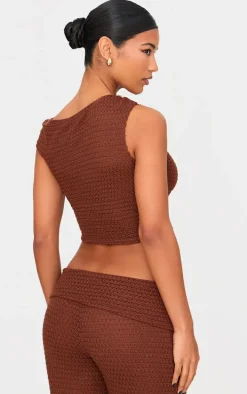 Chocolate Textured Trim Detail Off The Shoulder Crop Top