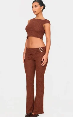 Chocolate Textured Trim Detail Off The Shoulder Crop Top