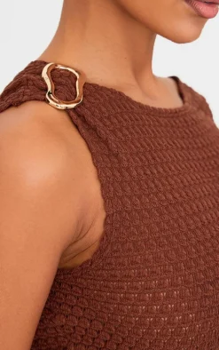 Chocolate Textured Trim Detail Off The Shoulder Crop Top