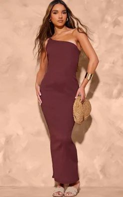 Chocolate Textured Twist One Shoulder Maxi Dress