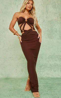 Chocolate Textured Woven Ring Detail Cut Out Bandeau Maxi Dress