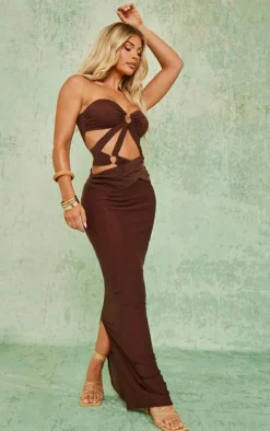 Chocolate Textured Woven Ring Detail Cut Out Bandeau Maxi Dress
