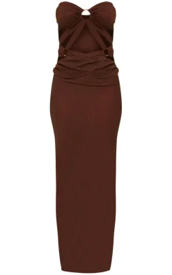 Chocolate Textured Woven Ring Detail Cut Out Bandeau Maxi Dress