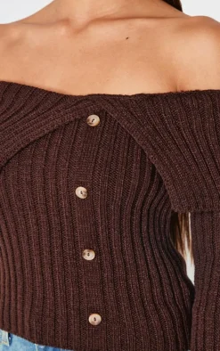 Chocolate Thick Rib Bardot Foldover Button Up Top