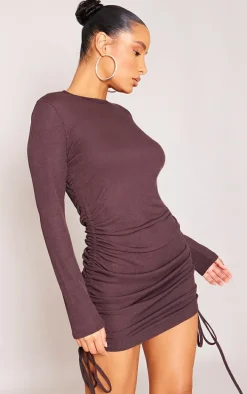 Chocolate Thick Rib Ruched Side Bodycon Dress