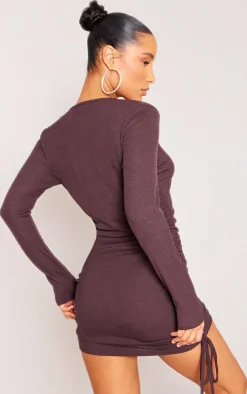 Chocolate Thick Rib Ruched Side Bodycon Dress