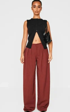 Chocolate Thin Waistband Pintuck Detail Tailored Woven Pants