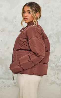 Chocolate Tied Bow Detail Puffer Jacket