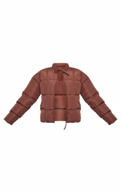 Chocolate Tied Bow Detail Puffer Jacket