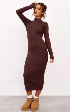 Chocolate Turtle Neck Knitted Bodycon Maxi Dress