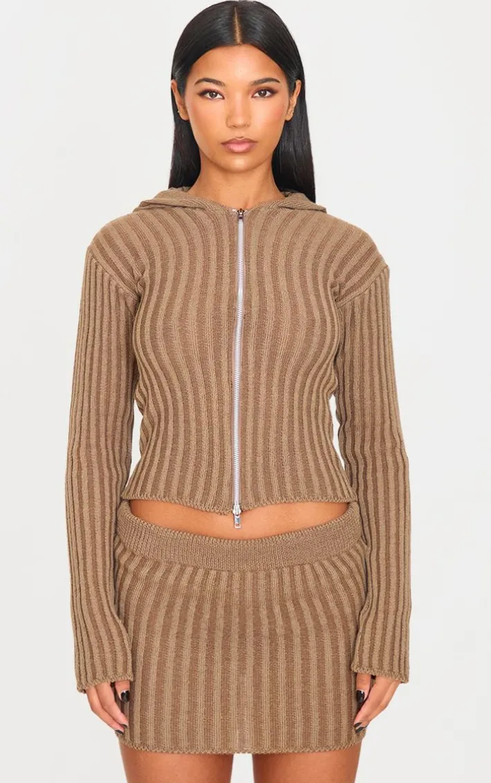 Chocolate Two Tone Knitted Zip Up Cardigan