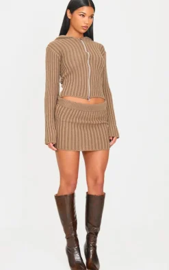 Chocolate Two Tone Knitted Zip Up Cardigan
