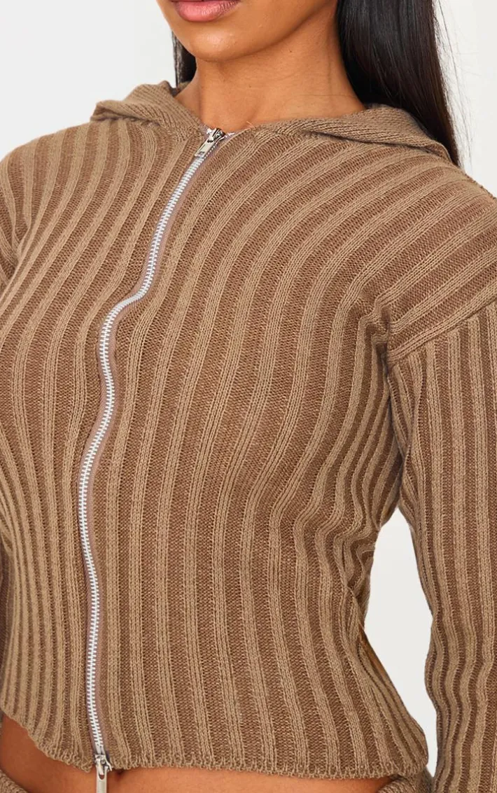 Chocolate Two Tone Knitted Zip Up Cardigan