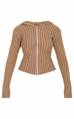 Chocolate Two Tone Knitted Zip Up Cardigan