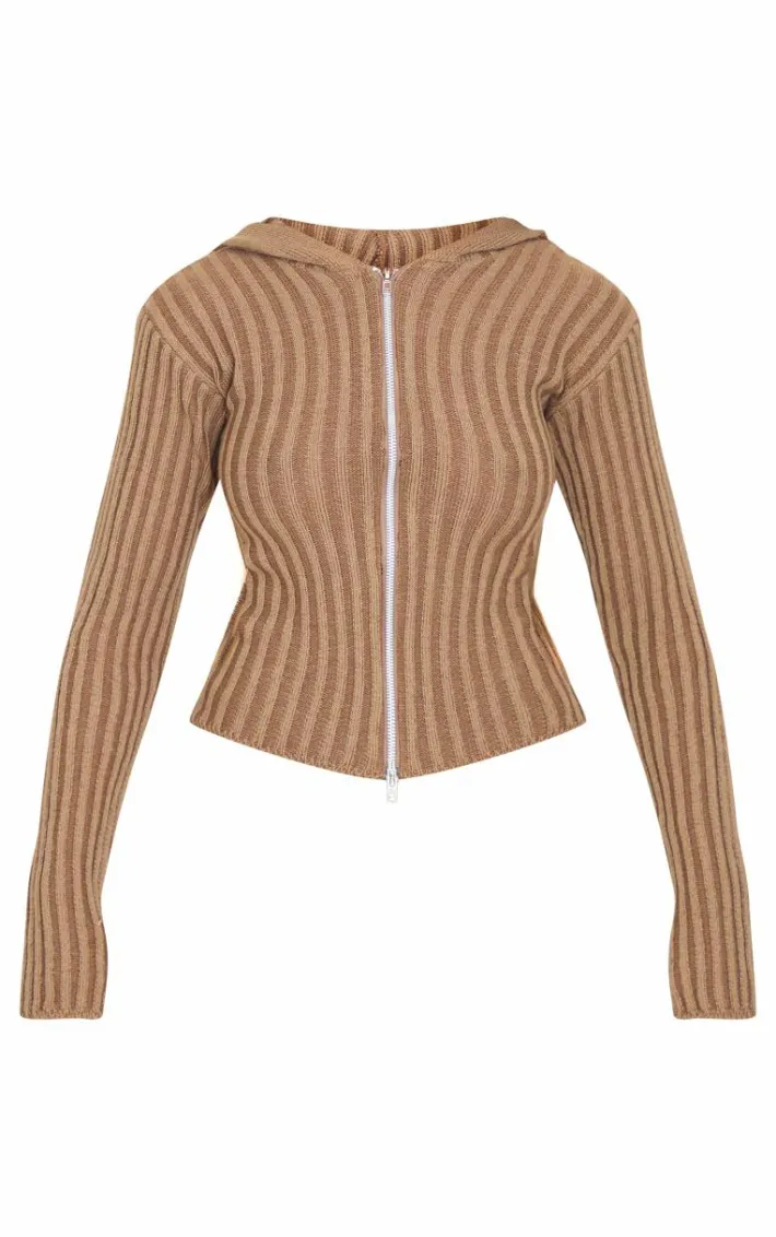 Chocolate Two Tone Knitted Zip Up Cardigan